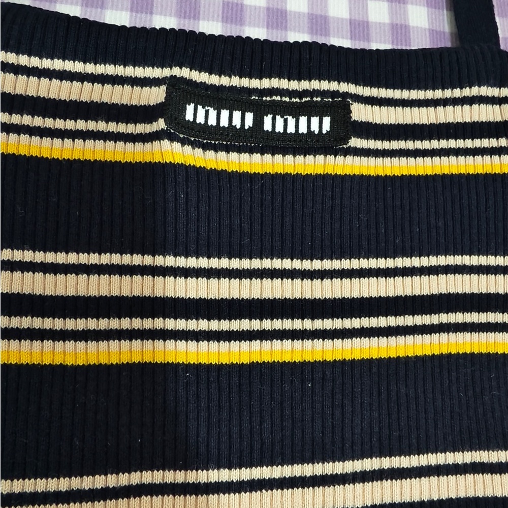 Miu Miu Navy, Yellow & Cream Striped Knit Pencil Skirt - Picture 2 of 13